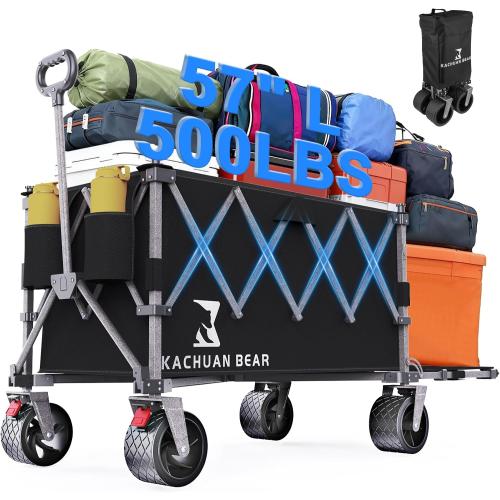57 L Large Collapsible Foldable Wagon with Tailgate & Brake, 500LBS Heavy Duty Beach Wagons with All-Terrain Big Wheels, 300L Folding Utility Cart for Sand Garden Shopping Groceries Sports (Black)