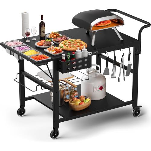 Leteuke Pizza Oven Table, Grill Cart Table for Blackstone Griddle, Outdoor Pizza Oven Stand Fits Ninja, Cuisinart, Gozney, Solo Stove, BBQ Prep Tables Station with Seasoning Tray, 47.2x27.5x35.8