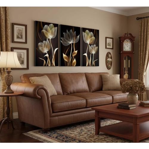 3 Pieces Modern Abstract Brown Flowers Canvas Wall Art Minimalism Black and Gold Floral Painting Pictures Luxury Wall Decor Posters Print Artwork for living room Office Bedroom Home Decoration