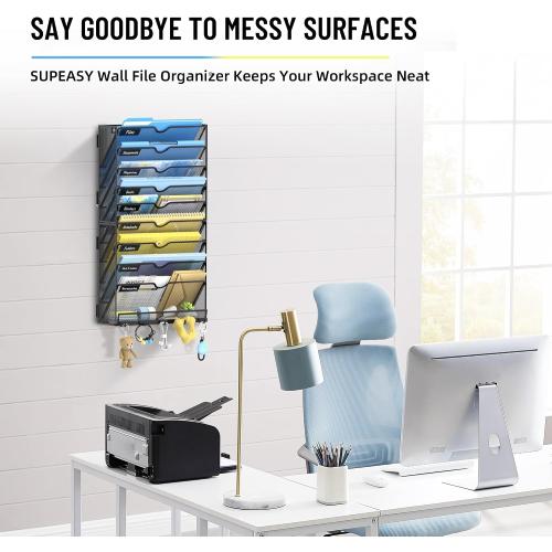 SUPEASY 10-Tier Wall File Organizer with Hooks, Hanging File Organizer