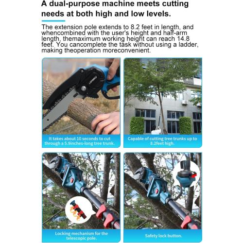 2-in-1 Cordless Pole Saw & Mini Chainsaw for Tree Trimming & Yard Work, Adjustable Pole 1.94–2.45m, 2 Batteries, Pure Copper Motor, Lightweight Design, Blue – Ideal for Homeowners & Gardeners