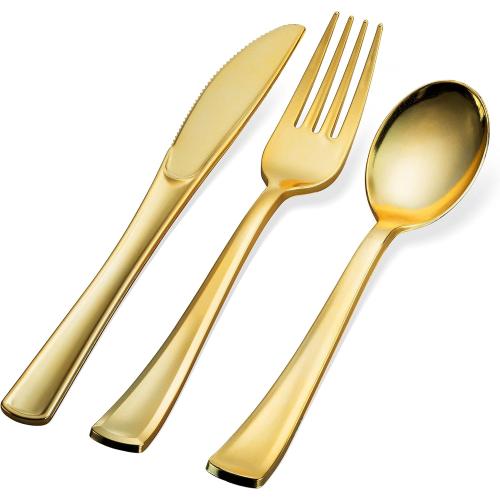 300 Gold Disposable Plastic Flatware Set - 100 Forks, 100 Spoons, 100 Knives - Heavy Duty Silverware for Party Bulk