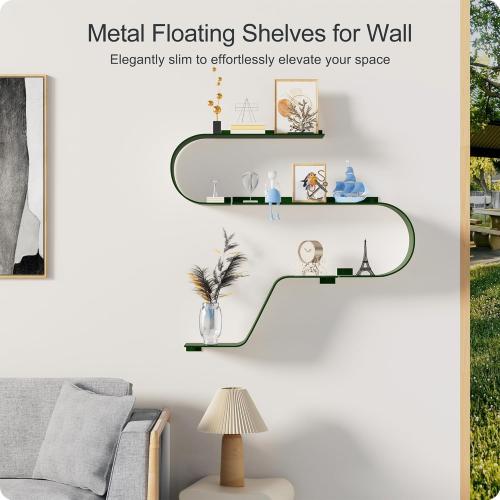 Green Floating Shelves Set of 3, Green Metal Decor, Unique Mounted Floating Shelf, Modern Long Wall Shelf, Large Wall Shelves for Bedroom, Bathroom, Living Room
