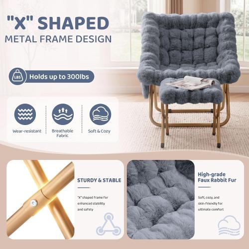 Kasunpul Comfy Saucer Chair, Soft Faux Fur Oversized Folding Accent Chair, Lazy Chair for Teens Adults(Gray)