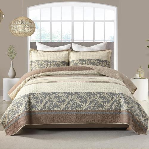100% Cotton Quilt Set Queen Size - Striped Quilted Comforter, Patchwork Botanical Queen Quilt Bedspread, Modern Farmhouse Lightweight Bedding for Queen Bed, 3pcs, Brown/Beige/Gray