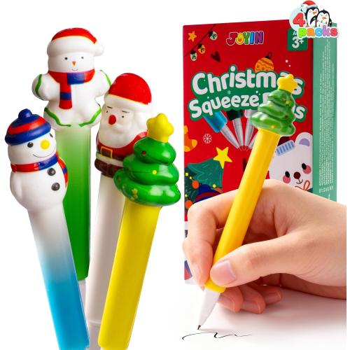 JOYIN 4 PCS Christmas Squeeze Pens Bulk For Kids, Stress Reliever Anxiety Ballpoint Pen for Xmas Party Favors, Christmas Stocking Stuffers For Students Classroom Prize Gifts, Goodie Bag Fillers