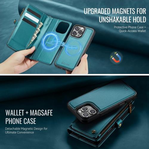 Defencase for iPhone 16 Pro Max Magnetic Wallet Case Compatible with Magsafe with RFID Blocking Zipper Strap Card Holder for Women PU Leather Detachable Case for iPhone 16 Pro Max (6.9), Blue Green