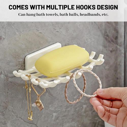 Pack of 4 Soap Bar Holder for Shower Wall, Self Draining Soap Dish with Hooks, No Drilling, Bathtub Kitchen Sink Waterproof Adhesive Wall Mounted Dish (4 Pack, White)