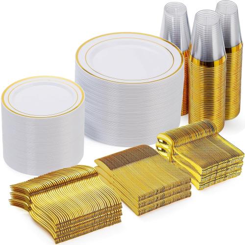 Goodluck 600 Pieces Gold Disposable Plastic Plates for 100 Guests