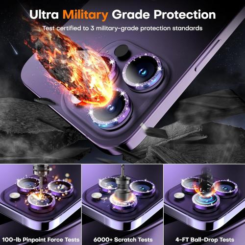 Camera Lens Protector for iPhone 17 Pro Max/17 Pro/16 Pro Max/16 Pro/15 Pro Max/15 Pro/14 Pro Max/14 Pro, Tempered Glass Metal Individual Cover[Anti-drop] Case Friendly-Glitter Deep Purple