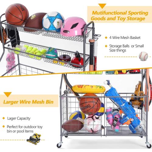 Kinghouse Rolling Sports Equipment Organizer with Wheels, Garage Ball Storage Rack for Basketball, Toys, for Garage, Indoor, Gym, Outdoo, Includes Metal Storage Bin, Bat Holder, Hooks