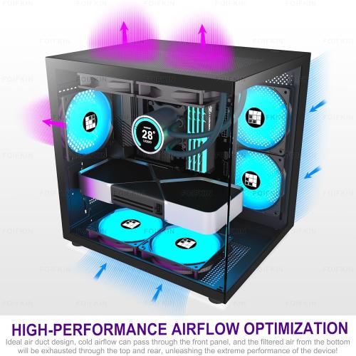 F100 PC Case - Pre-Installed 3 ARGB Fan, Micro-ATX Gaming PC Case, 270° Panoramic Glass with USB 3.0, FOIFKIN (Black)