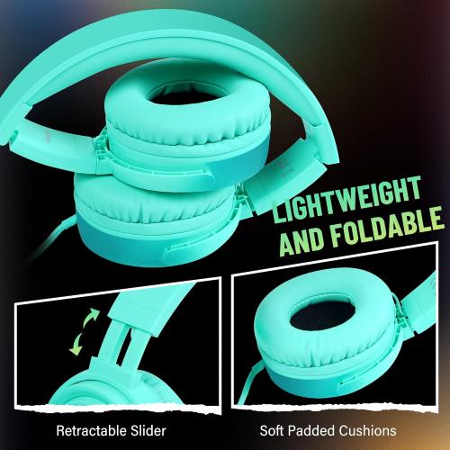 rockpapa Grade Wired Headphones with Microphone, Lightweight Foldable Stereo Bass Headphones with No-Tangle Cord & 3.5mm Jack for Adult/Kids, Laptop Tablet Airplane Chromebooks Teal