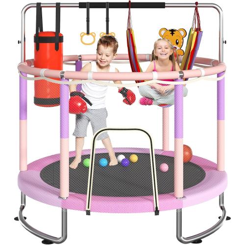 Trampoline for Kids, Upgrade Full Anti-Rust 440lbsToddler Trampoline with Net,Upgraded Ring Legs with Adjustable Gymnastics Bar&Toys, Gifts for Ages 1-8 Boys&Girls