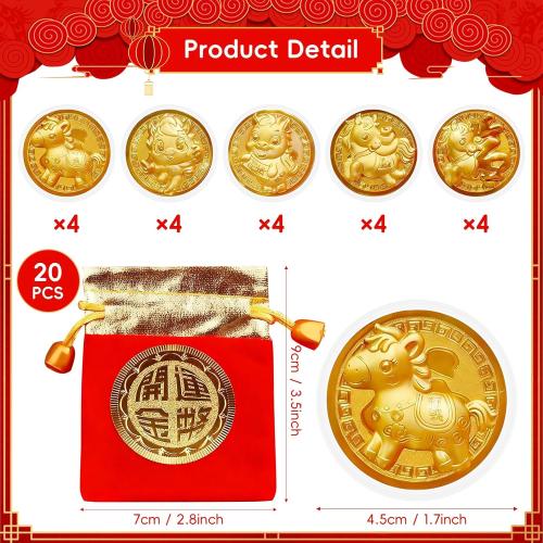Chinese New Year Coins 2026, Chinese Year of the Horse Coins, 20PCS Lunar New Year Gold Coin Decorations, Zodiac Horse Coin with Fu Bags for Spring Festival Party Gifts Collection Souvenir