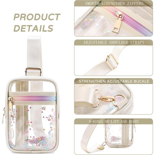 Clear Crossbody Bags for Women Girls Stadium Approved Sling Pack Bag Shoulder Belt Purses Kids Transparent Chest Backpack Daypack Small Waist for Sports,Beach,Events,Concerts,Beige