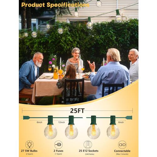 SUNSGNE 25Ft Christmas Round Lights, G40 Globe String Light with 27 Clear Bulbs, UL Certified for Outdoor Indoor Garden Party Wedding Pergola Backyard Patio Xmas Decoration, Green Wire