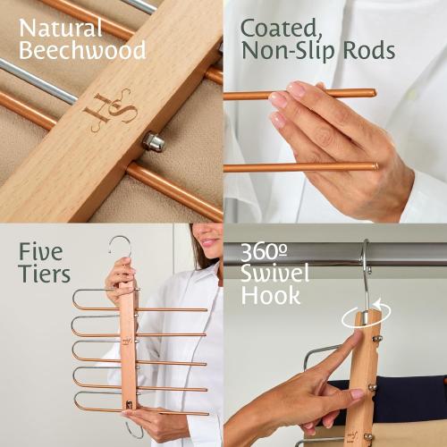 HANGSAGE Pants Hangers, 1-Pack Space-Saving Beechwood & Metal Jean Holder, 5-Tiers, 360° Swivel Hook & Non-Slip Rods, Elegant Closet Organizer