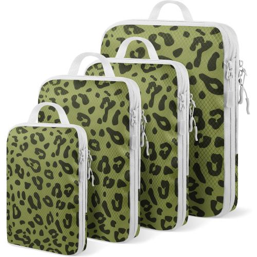 4 Set Compression Packing Cubes For Travel Bags Organizer For Luggage Suitcase Organizer, Compression Bags For Travel Accessories Luggage Storage Set (4 Pcs, Green Leopard)
