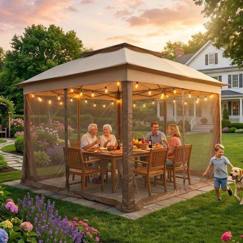 COOS BAY 11x11 Pop Up Gazebo with Mesh Netting, Instant Outdoor Canopy Tent, Water Resistant Shelter with UPF 50  UV Protection, 121 Sq Ft Coverage, Beige