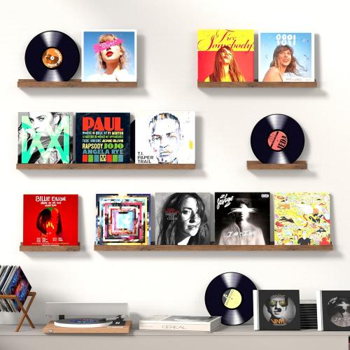 Vinyl Record Shelf Wall Mount, 6PC Album Record Holder Display, Wood Floating Shelves, Wood Ledges for Wall, 0ffice Wall Shelves, Album Shelves, Magazine Rack Walnut - 1x48In, 1x36In, 2x24In & 2x12In