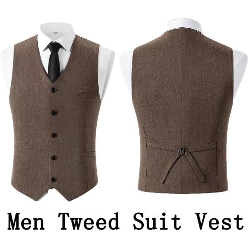 Men's 3 Piece Tweed Suit Herringbone Slim Fit Wool Blend Tuxedos Set Vintage Work Wedding Business Jacket Blazer Vest Pants Size 42