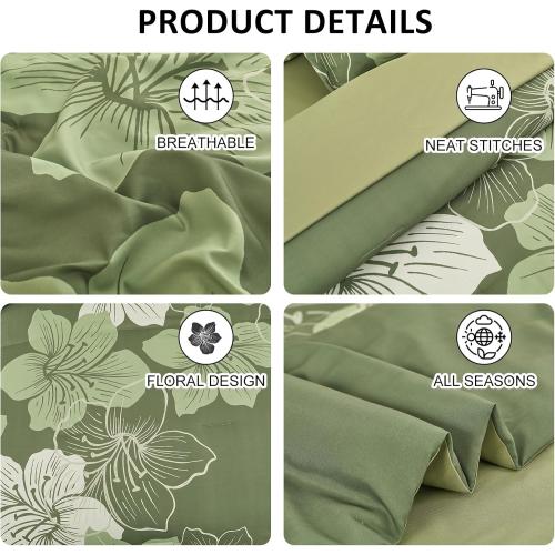 Luxudecor Floral Comforter Set Queen Size, 7 Pieces Bed in a Bag Olive Green Floral Comforter and Sheet Set, Soft Microfiber Green Complete Bedding Sets for All Seasons