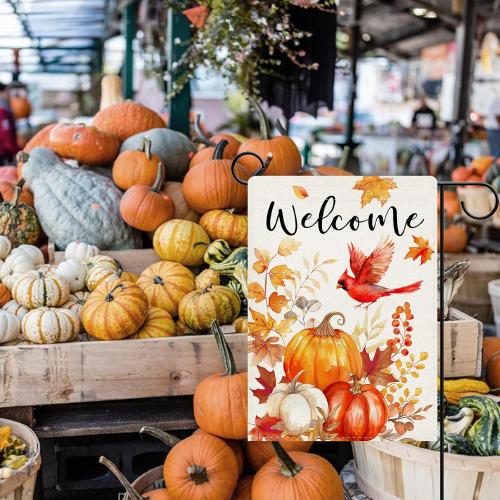 Dyrenson Welcome Fall Pumpkin Cardinal Decorative Garden Flag, Autumn Thanksgiving Harvest Red Bird Yard Outside Home Decoration, Farmhouse Leaves Burlap Outdoor Small Decor Double Sided 12 x 18