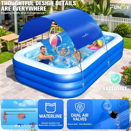 Color Blue Inflatable Pool with Canopy,Upgraded Inflatable Swimming Pool for Kids,Adult,Large Inflatable Blow up Pools,Ocean Theme Oversized Thickened Inflatable Family Pools for Backyard-Blue