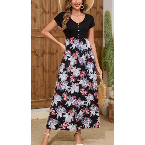 Kormei Women's Short Sleeve V Neck Button Loose Plain Maxi Dresses Casual Summer Tshirt Dress with Pockets small