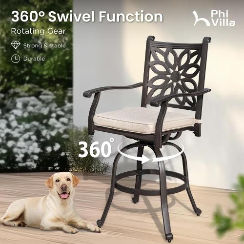 Outdoor Swivel Bar Stools Set of 2, Cast Aluminum Patio Bar Height Chairs with Seat Cushion, All-Weather Bar Dining Chairs Metal Bistro Chairs