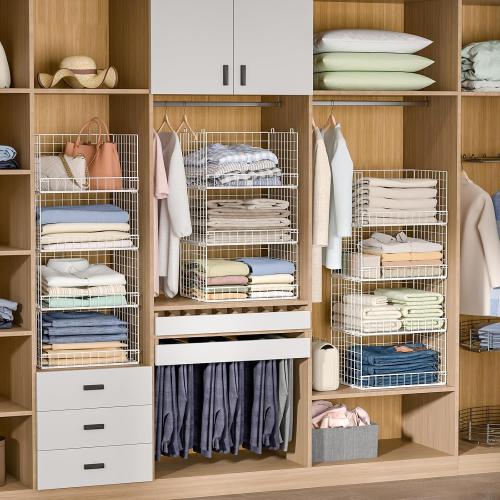 Yociyoga 4-Tier Stackable Closet Organizers and Storage Basket, Foldable Closet Shelf Organizer System, Space-Saving Clothes Storage Drawer Organizer for Wardrobe, White (Patent 30022416)