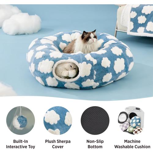 Lesure Cat Tunnel Bed for Indoor Cats - Cute Cat Donut Tunnel Toys for Small Large Cats with Washable Circle Cushion, Round Pet Peekaboo Cave Toy for Kitten/Puppy/Rabbit, Standard Cozy Clouds Blue