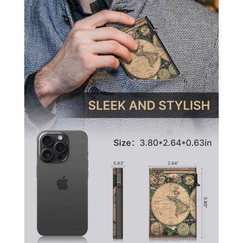 typecase Mens Wallet Card Holder: Pop Up Aluminum Case, Carbon Fiber Leather, Smart, RFID Blocking, Slim, Minimalist, Front Pocket - 9-14 Card Capacity | ID Window | Cash Slot (Map)