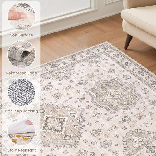 Washable Area Rugs for Living Room -9x12 Neutral Vintage Distressed Floral Farmhouse Boho Large Soft Floor Rug Indoor Non Slip Carpet for Living Room Bedroom Dining Room Office -Beige Brown