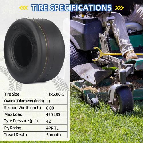 11x6.00-5 Tubeless Zero Turn Mower Tires, Riding Lawnmower Smooth Tread, 4 Ply