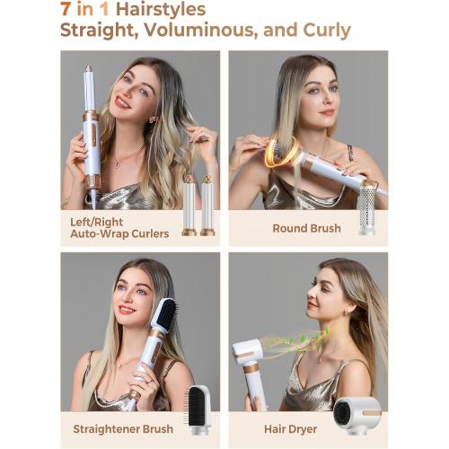 UKLISS Hair Dryer Brush 7 in 1，110000 RPM Hair Dryer with Diffuser for Curly & Twisted Hair Professional Ionic Brush Blow Dryer for Salon-Quality Styling, White Gold