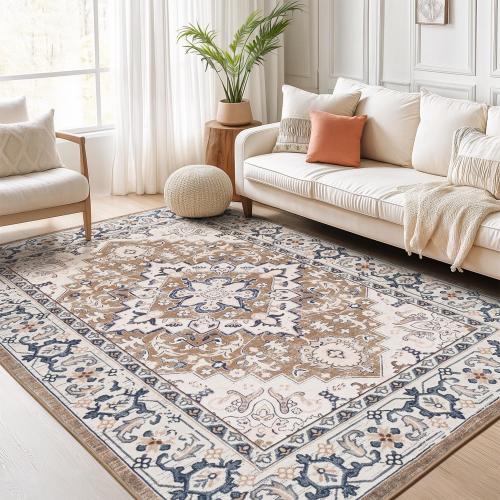 Lofus Area Rugs for Living Room, Washable Area Rug, Rugs for Bedroom, Kitchen, Vintage Boho Carpet, Soft Non-Slip, Low Pile Large Area Rug for Office Dining Room, Floral Brown