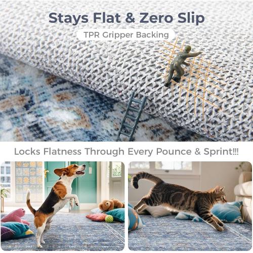 OPPODREAM Vintage Blue Area Rugs 5x7, 5 x 7 Retro Washable Rug Non Slip, Low-Pile Faux Wool Carpet, Distressed Navy Floor Mat for Living Room, Bedroom, Kitchen, Office, Dorm, Dinning Room