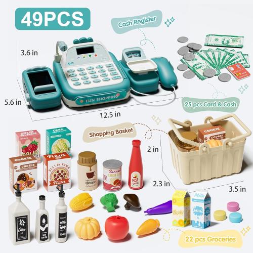 49Pcs Cash Register Toy Set for Kids, Pretend Play Grocery Store Cashier Playset with Conveyor Belt, Scanner, Weighing Scale, Calculator & Microphone, Toys Gift for Toddlers Ages 3-8 (Green)
