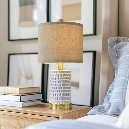 PORTRES 19 Farmhouse 3-Way Dimmable Touch Ceramic Table Lamp Set of 2 White Bedside Lamps for Bedroom Lamps for Living Room Nightstand Lamp End Table lamps with USB A C Charging Ports(Bulbs Included)