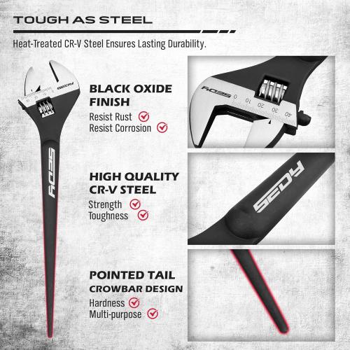 3-Piece Adjustable Spud Wrench Set, 10-inch, 12-inch, 16-inch, SAE and Metric Scale Marked, CR-V Steel with Black Oxide Finish