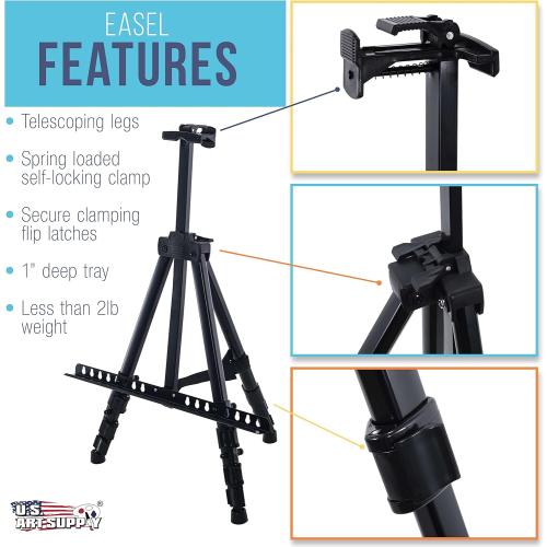 SIZE 66 Black U.S. Art Supply 66 Black Metal Tripod Easel Display - Adjustable 20- 5.5', Holds 32 Canvas - Floor/Tabletop Easel Stand, for Sign Display, Painting, Poster Board, Canvas - Portable Bag