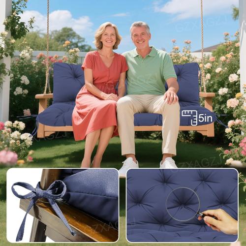 Porch Swing Cushions Outdoor 60 inch Waterproof Thicken 5 Backyard Swing Cushion with Backrest and Ties 2-3 Seat Outdoor Swing Cushions Replacement for Porch Patio Garden Lawn(Navy Blue) (top corner ripped)