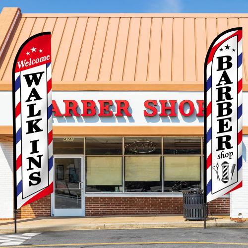 2 Pcs Barber Flag for Outside Barbershop Themed Swooper Flag Open Feather Barber Sign Welcome Banner for Salon Business Outdoor Advertising Outside(NOT INCLUDE POLE KIT)(12 x 2.5 ft)