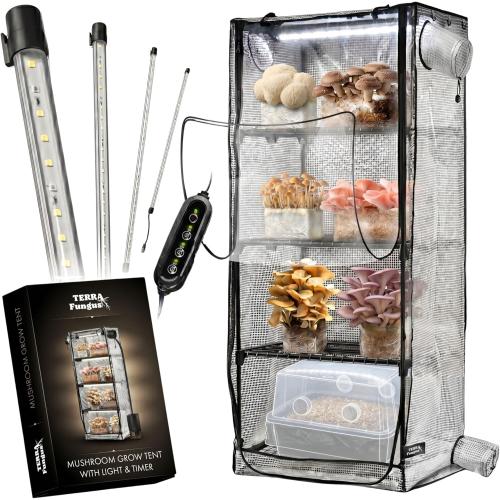 Mushroom Grow Tent with 6500K LED Light & Timer, 4-Tier Shelves | Fits Humidifier,Fits FAE, Waterproof Tray Included, 4 Vents, Fits Up to 8 Monotubs, Martha Tent