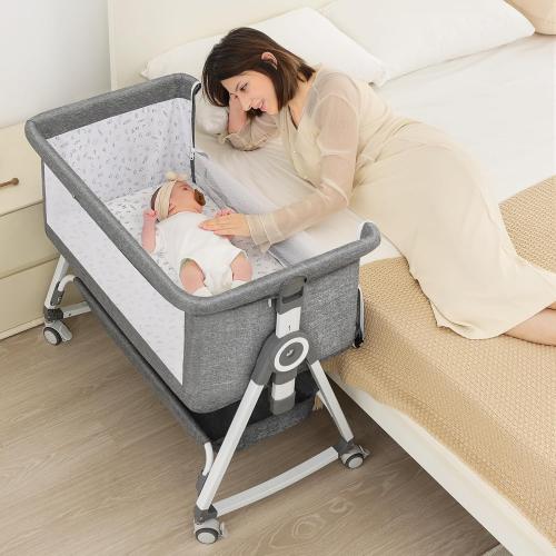 Color Grey Baby Bassinet, Bedside Bassinet for Baby, 4 in 1 Bassinet Bedside Sleeper with Locked Wheels, Mosquito Net, Adjustable Easy Folding Portable Crib for Infant Newborn, Grey