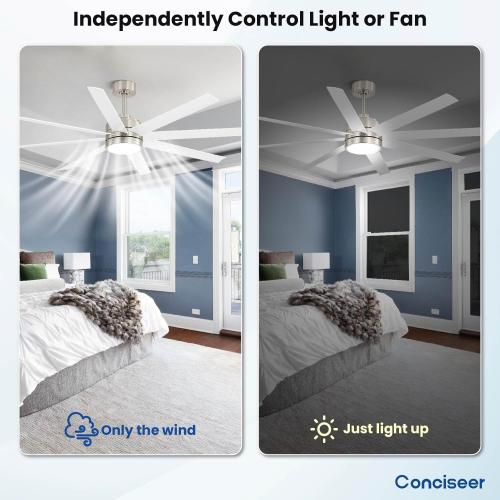 Conciseer 72 Inch Ceiling Fans with Lights and Remote, 3CCT Dimmable, 8 Blades 6 Speed Reversible Quiet DC Motor, Sand-nickel/White *DAMAGED BOX*