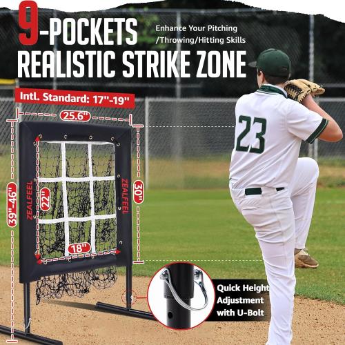 ZEALFEEL 9 Hole Baseball Pitching Net with Strike Zone & Carry Bag | 5 Height Adjustable, Durable Tear-resistant Netting, Lightweight & Quick Setup, Baseball Softball Training for Teens & Adults