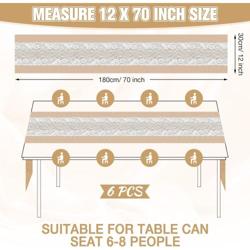 Xinnun 6 Pack Burlap Table Runner with LED String Lights, Modern Rustic Lace Natural Vintage Boho Jute Wedding Table Decor for Farmhouse Thanksgiving Christmas(Thanksgiving Harvest Style,12x70 Inches)